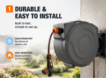 Retractable Garden Hose Reel with Auto Rewind & 9 Pattern Nozzle