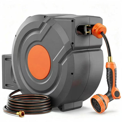 Retractable Garden Hose Reel with Auto Rewind & 9 Pattern Nozzle